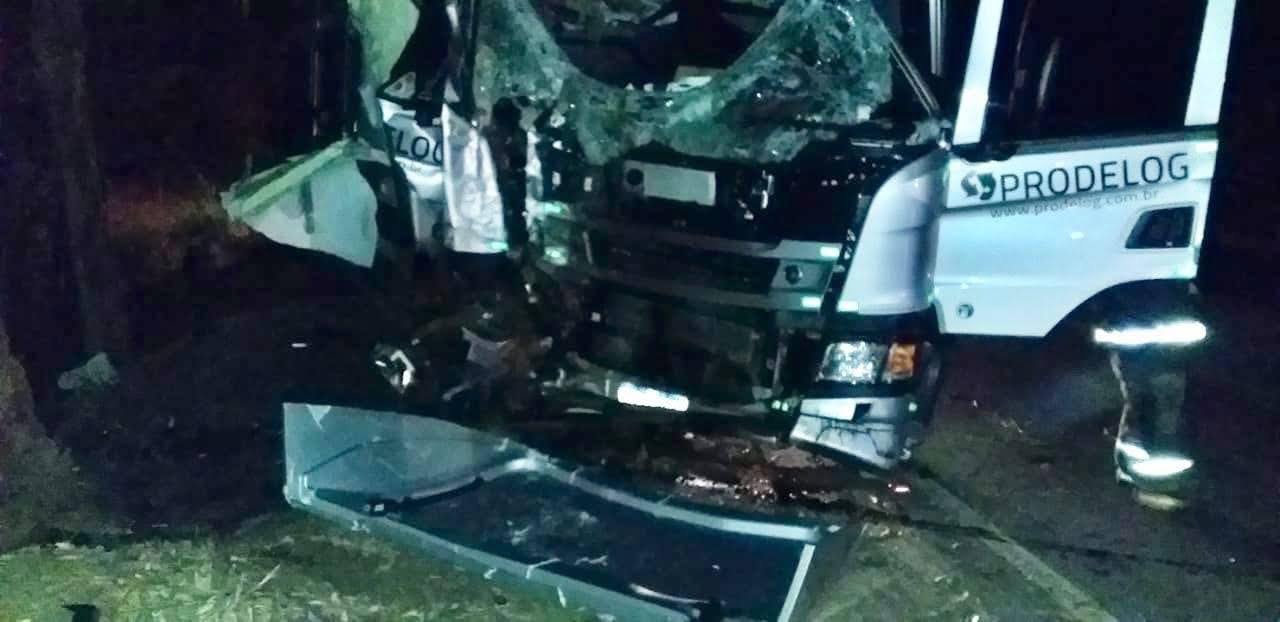 Caminhão bate em árvore e passageiro morre preso às ferragens