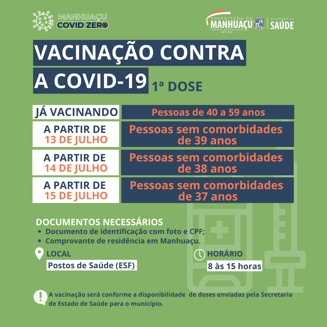 Pessoas de 39 a 37 anos serão vacinadas contra a Covid-19 esta semana em Manhuaçu