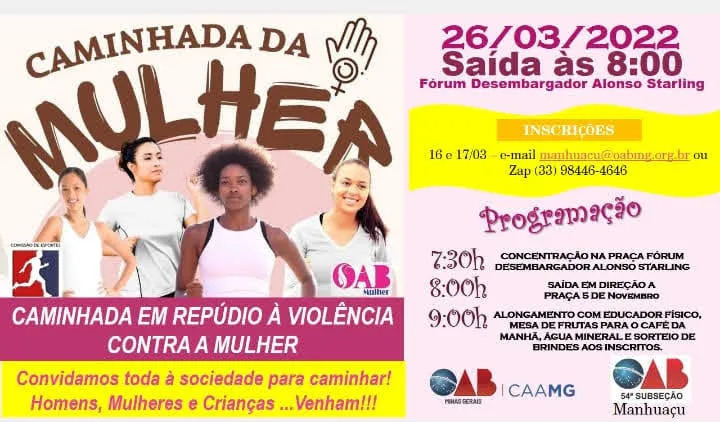 Caminhada em repúdio à violência contra a mulher acontece sábado em Manhuaçu