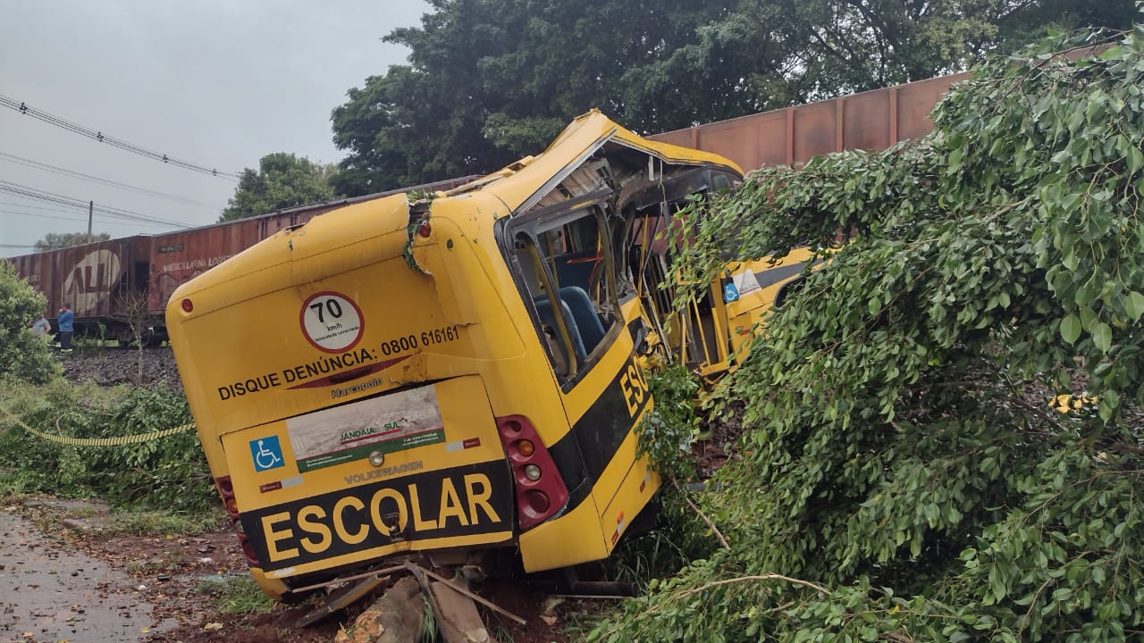 Ônibus escolar da Apae é atingido por trem e duas crianças morrem